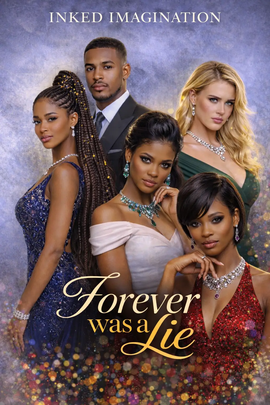 Cover image for the novel Forever Was a Lie featuring three elegant women and one man in formal attire